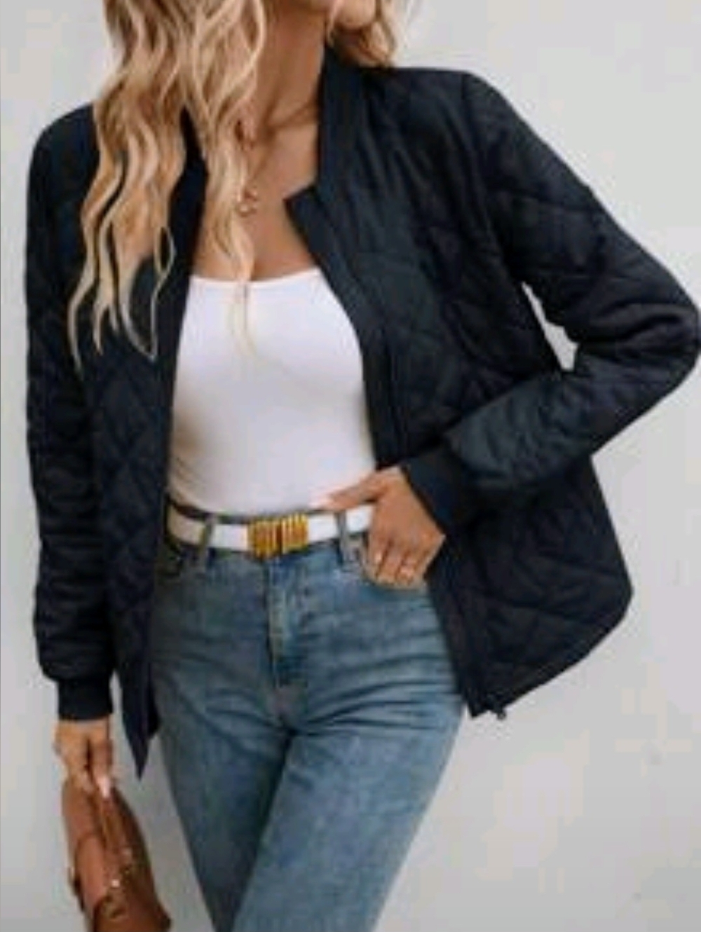 Women Quilted Bomber Jacket With Diamond Grid Pattern